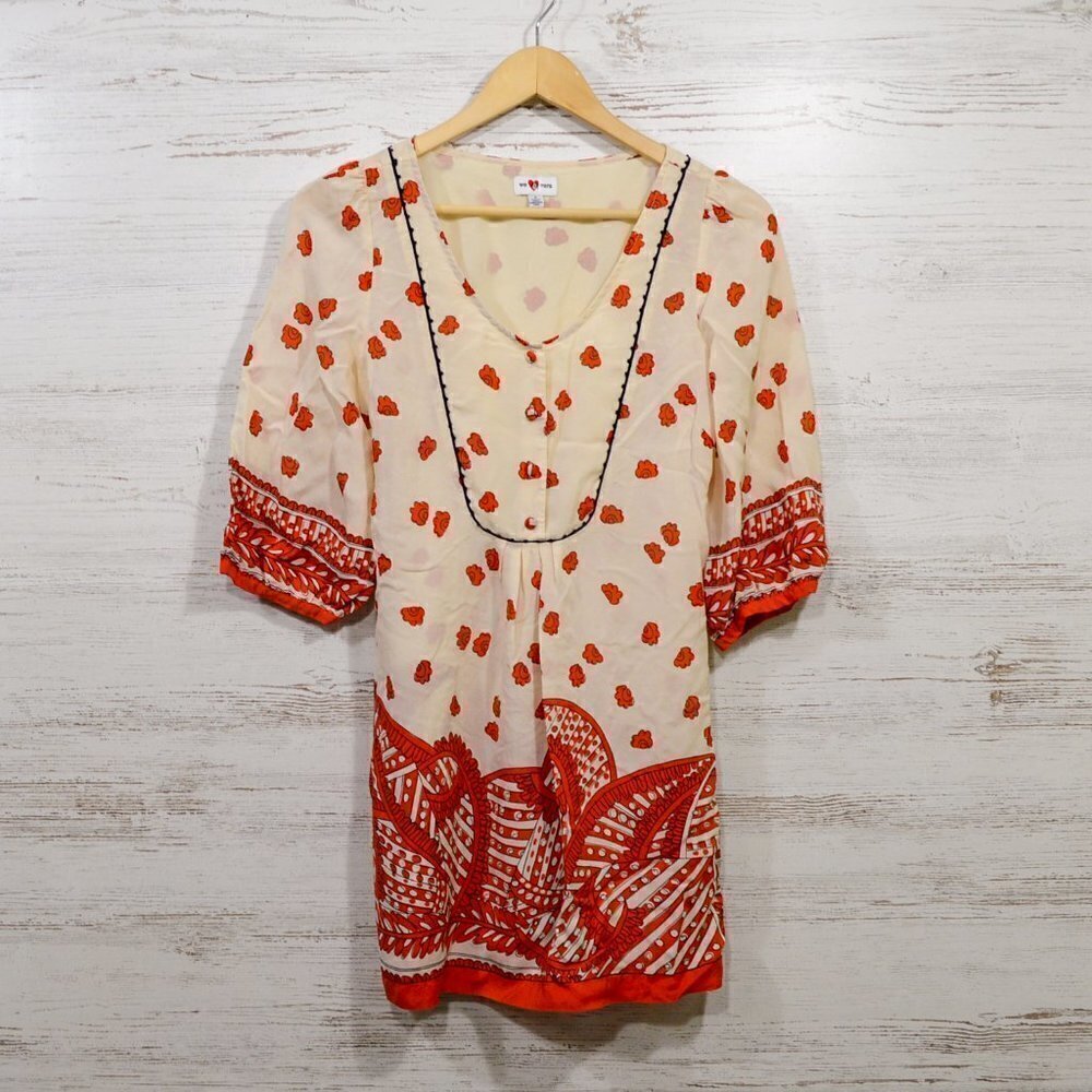 We Love Vera  Cream & Red Silk Tunic Style Blouse